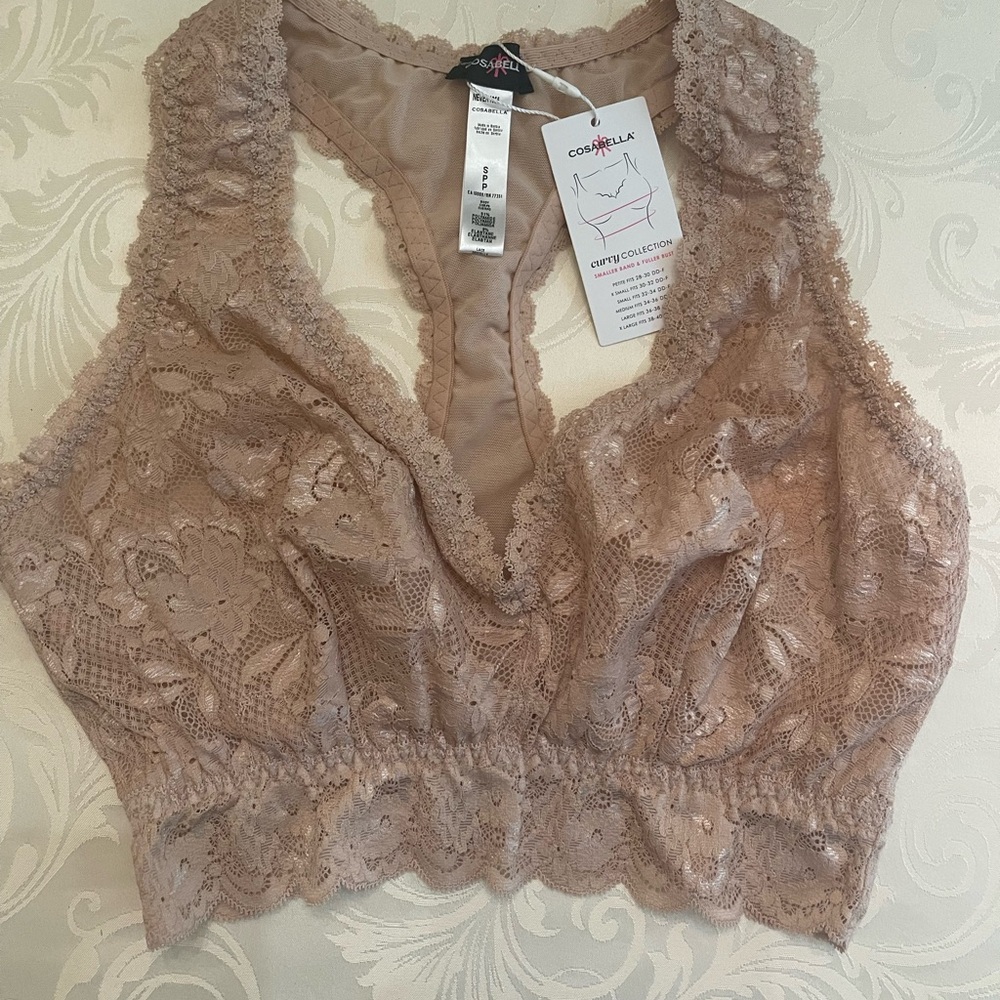 Cosabella Never Say Never Curvy Racer Back Lace Bralette in Warm Beige NWT